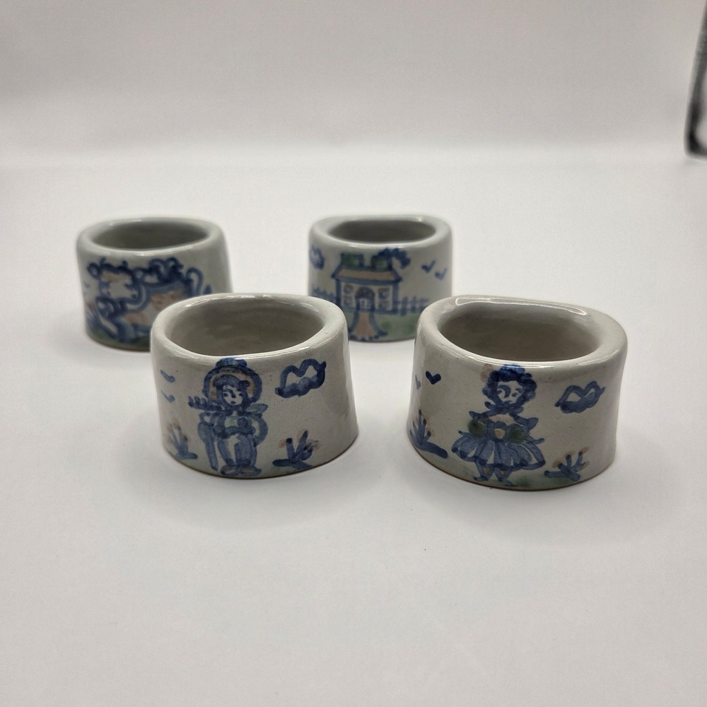 Set 4 M.A. Hadley Hand-Painted Stoneware Napkin Ring- Farmer, Woman, Cow, House - Picture 2 of 4
